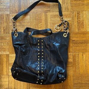 Michael Kors Black Leather Shoulder Bag with Gold Accents